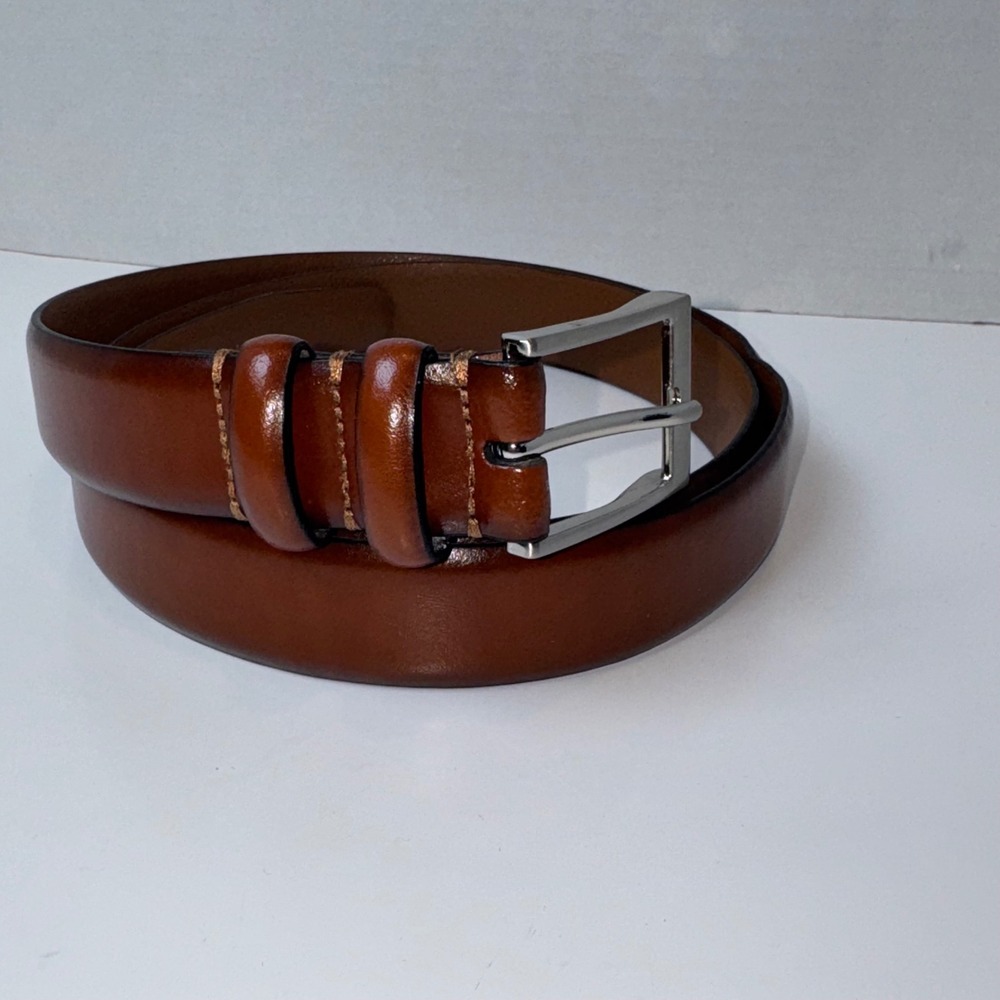 Belt Handmade in Italy Leather Mens 44 Cognac Brown Dress Silver Buckle